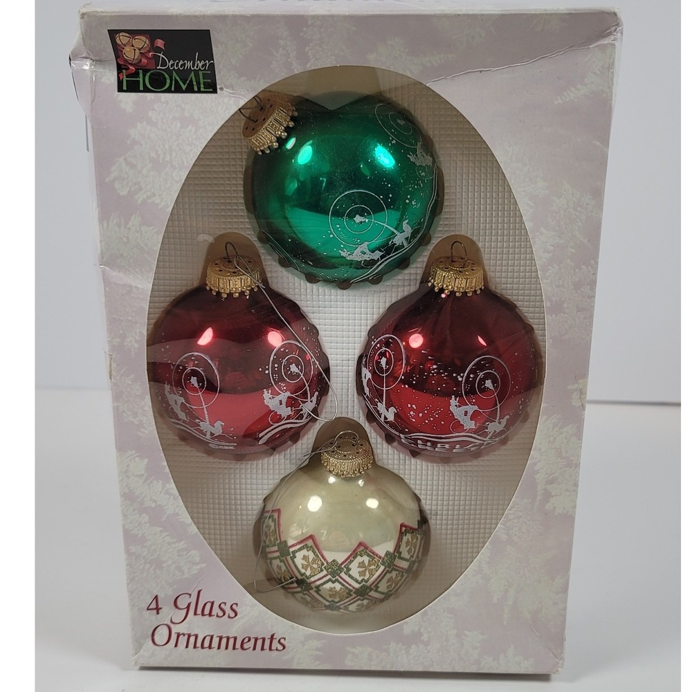 December Home Glass Christmas Ornaments Set of 4 Red Green Cream Reindeer 809412